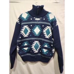 VTG Ash Creek Knit Zip Up Grandpacore Thermal Lined Geo Aztec Blue Green Sweater